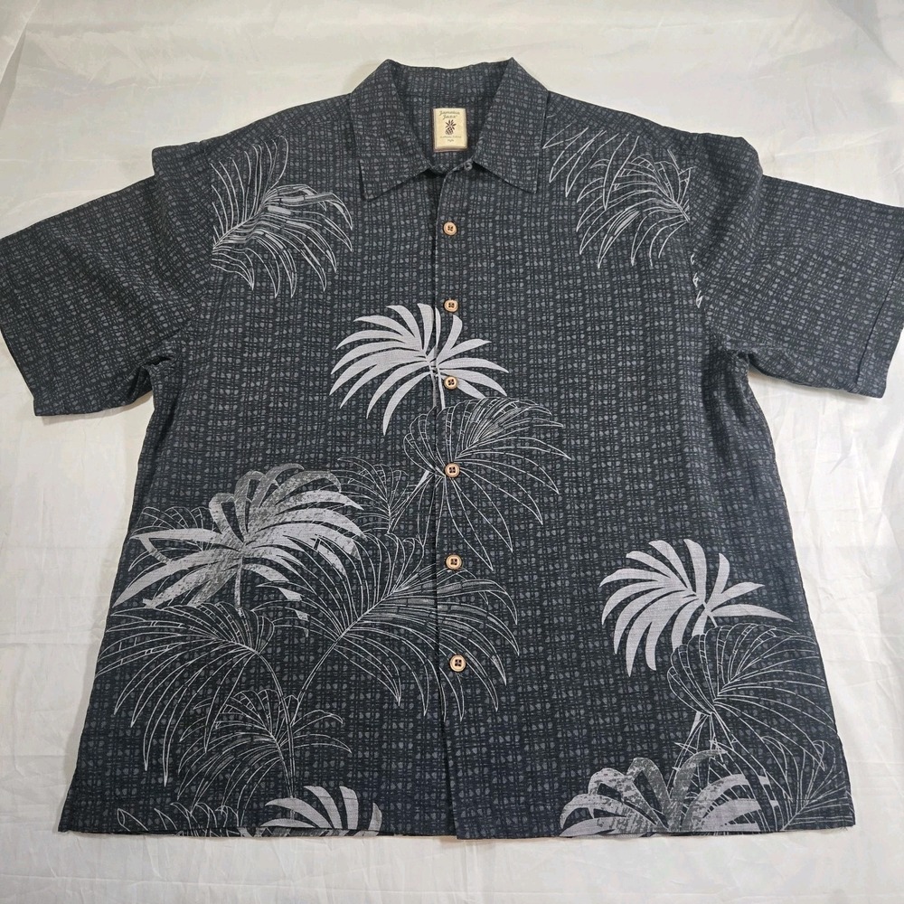 Jamaica Jaxx Mens XL Black Gray Hawaiian Aloha Shirt 100% Silk Palm Leaf